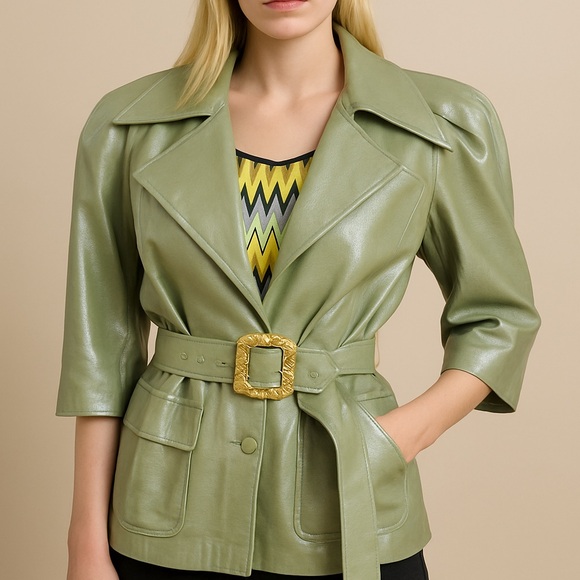 M Signature Label Collection Jackets & Blazers - Green Metallic Sheen Belted Jacket